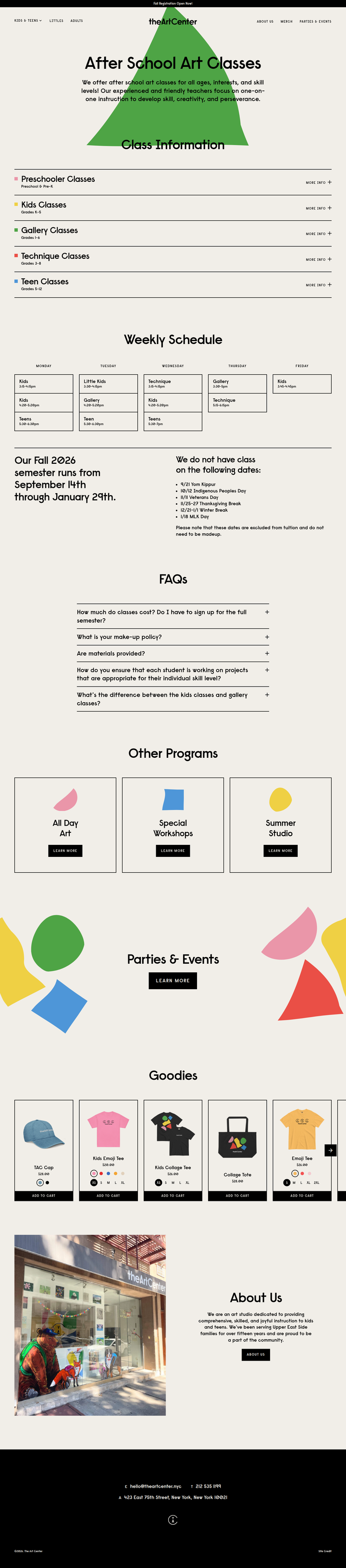 After School Classes page from The Art Center