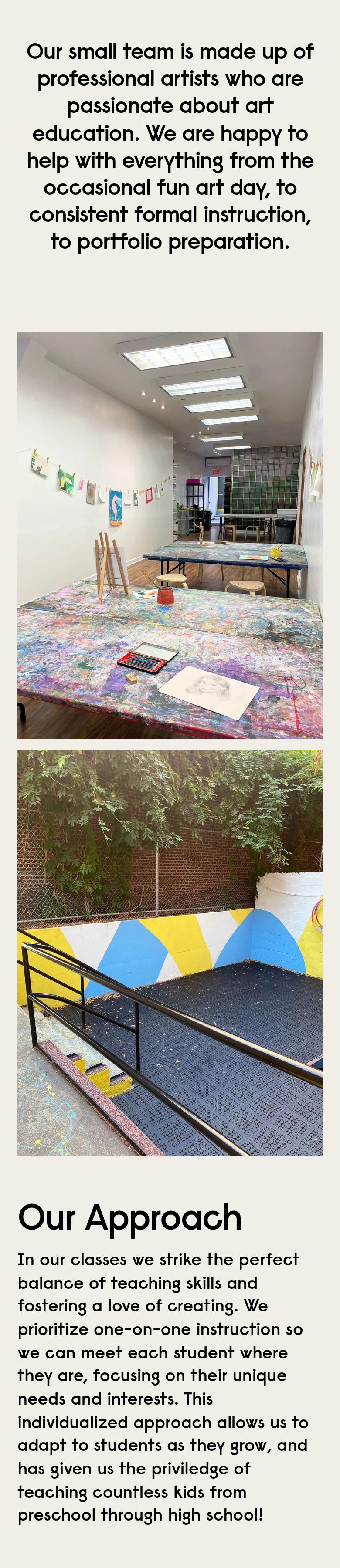 Our Approach section from The Art Center, on a phone