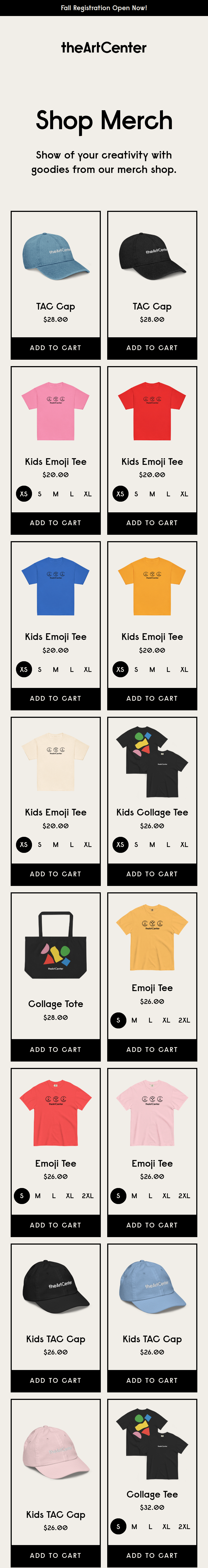 Shop Merch section from The Art Center, on a phone