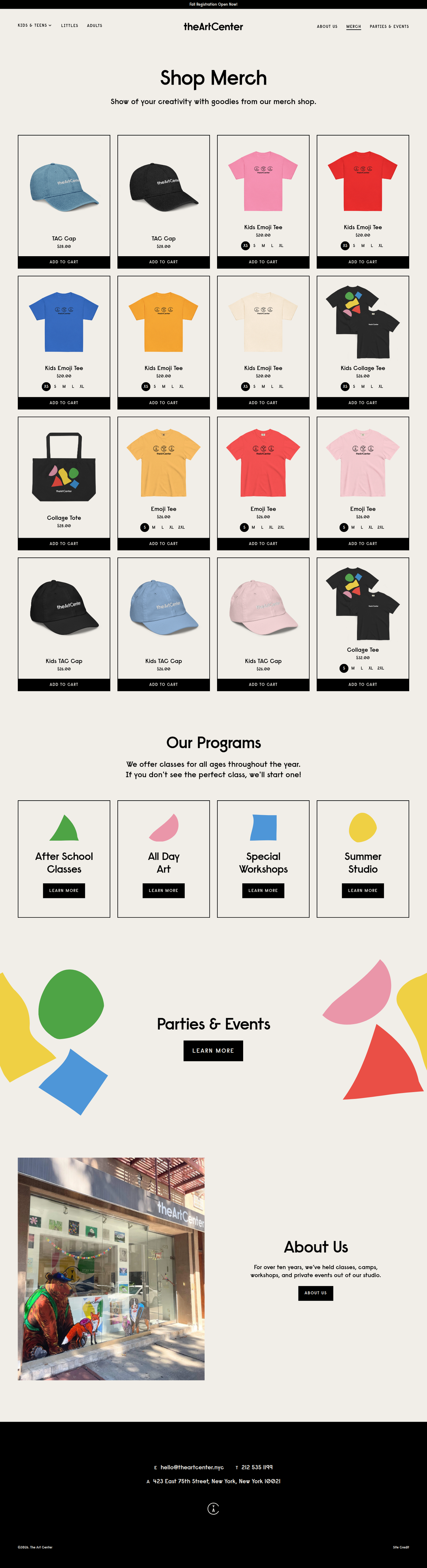 Merch page of The Art Center