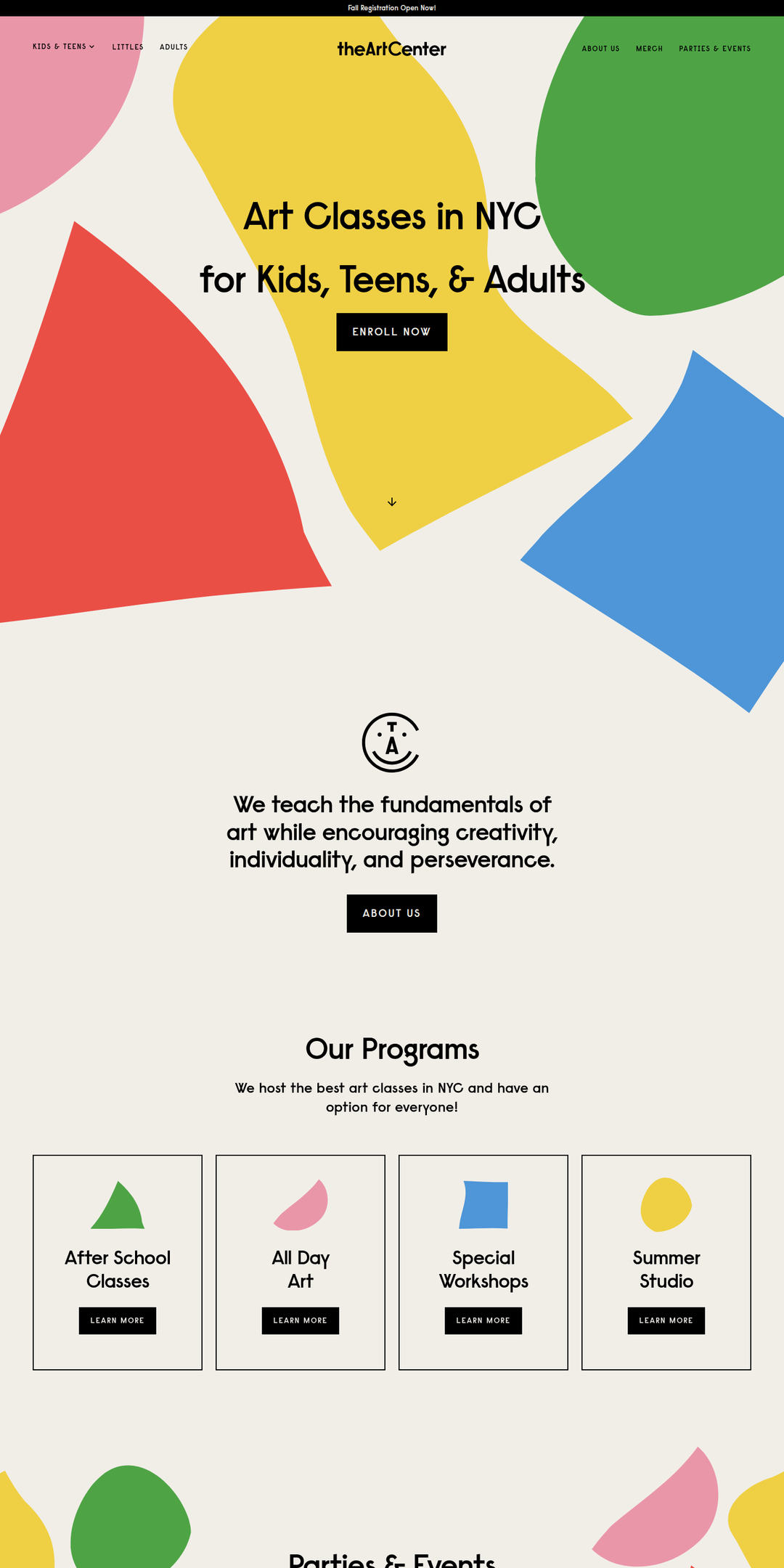 Home page of the The Art Center website
