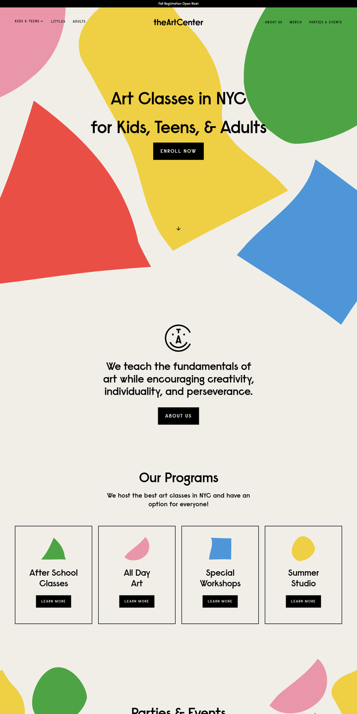 Home page of the The Art Center website