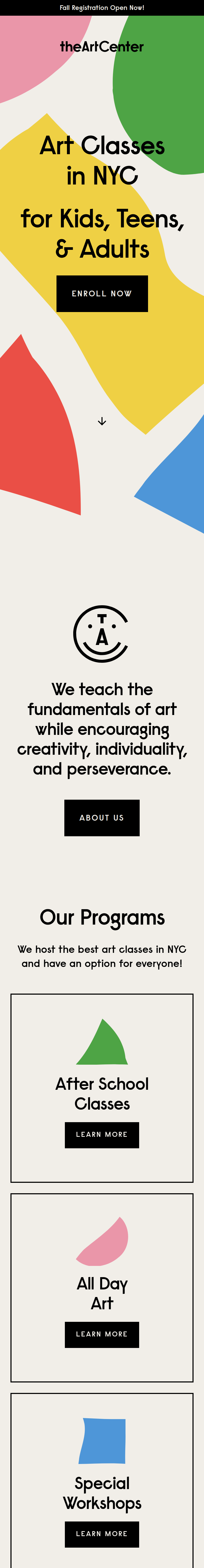 Home page of the The Art Center website, on a phone