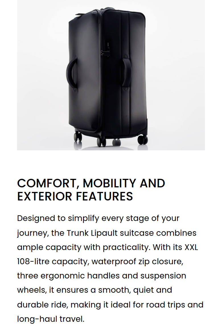 Comfort, Mobility and Exterior Features section from Lipault, on a phone