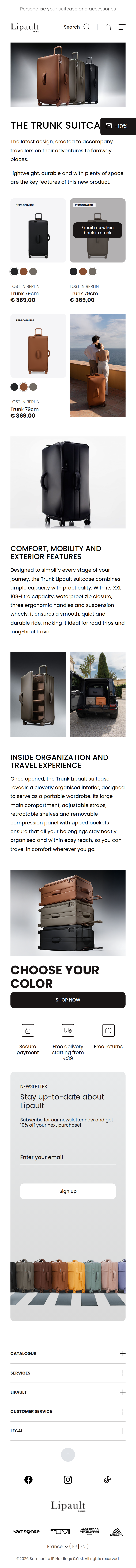 The Trunk Suitcase page of Lipault, on a phone