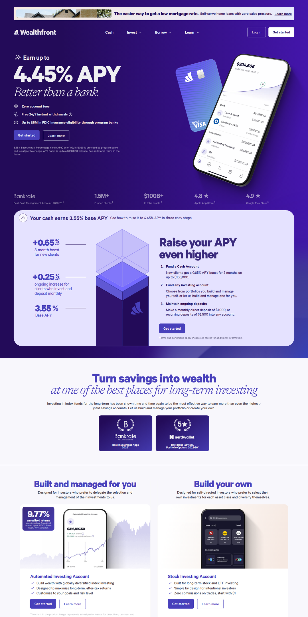 Home page of the Wealthfront website