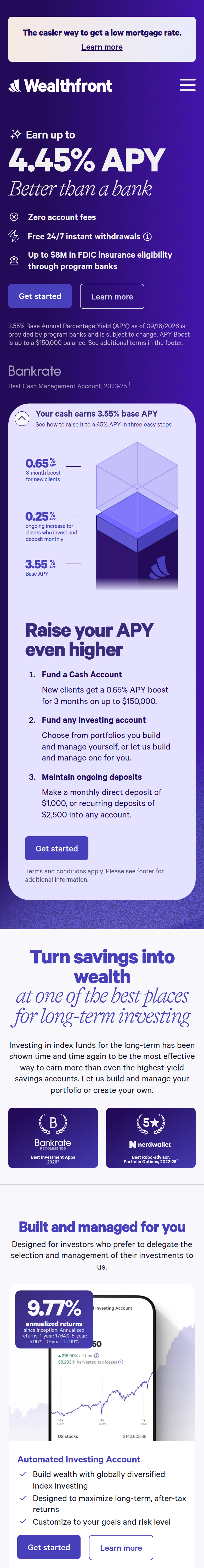 Home page of the Wealthfront website, on a phone
