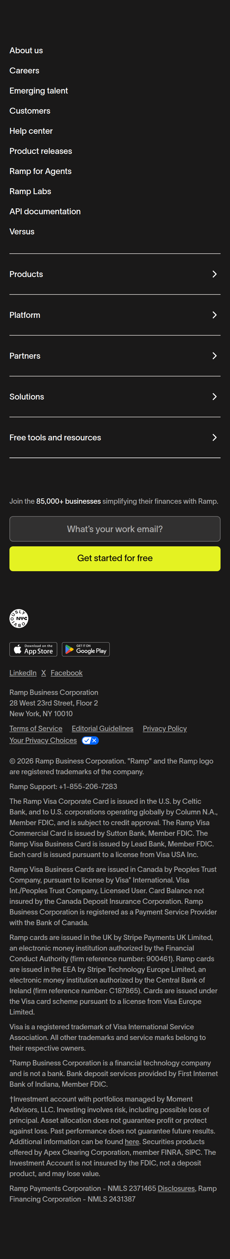 Footer section from Ramp, on a phone