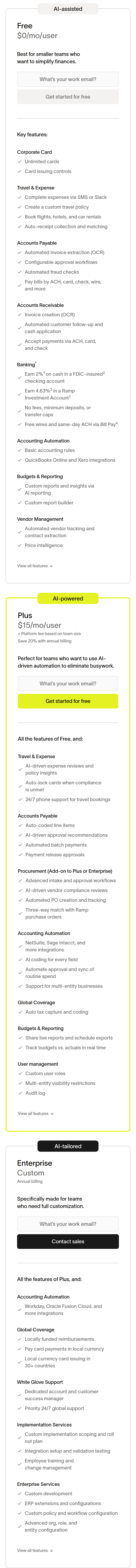 Start for Free. Scale With Intelligence. section from Ramp, on a phone