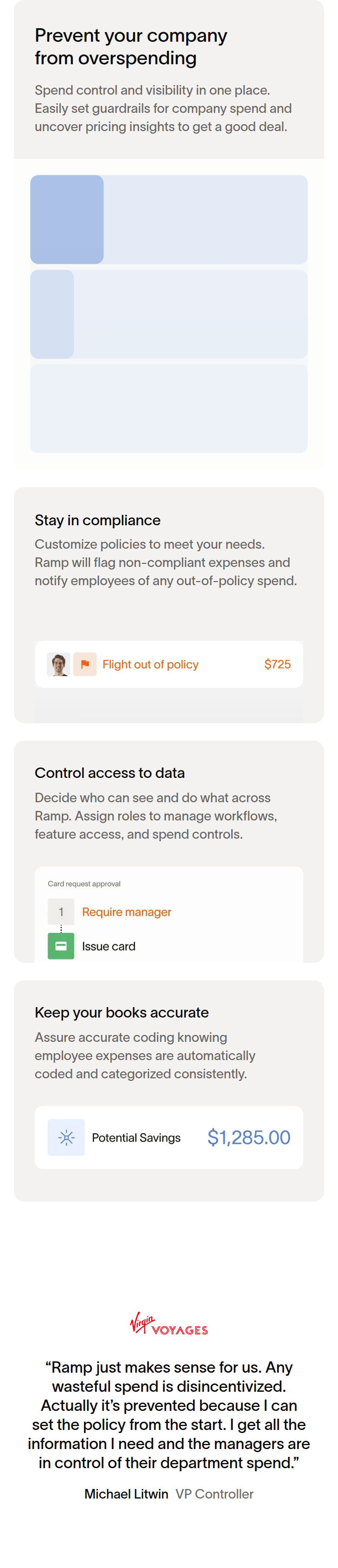 Prevent Your Company From Overspending section from Ramp, on a phone