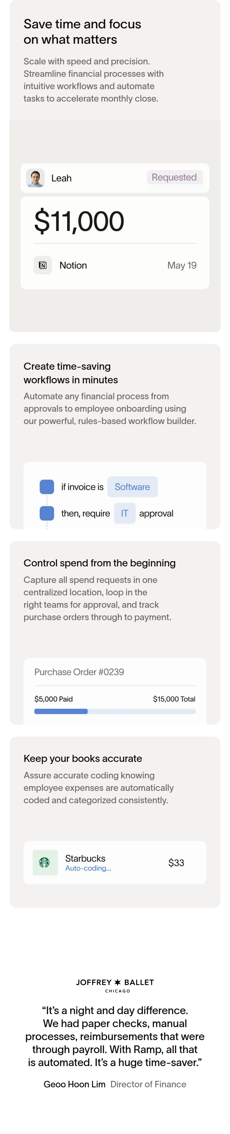 Save Time and Focus on What Matters section from Ramp, on a phone
