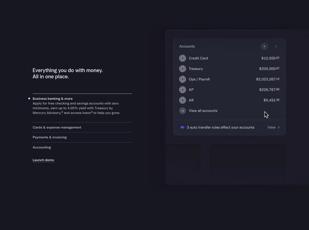 Everything You Do With Money, All in One Place section from Mercury