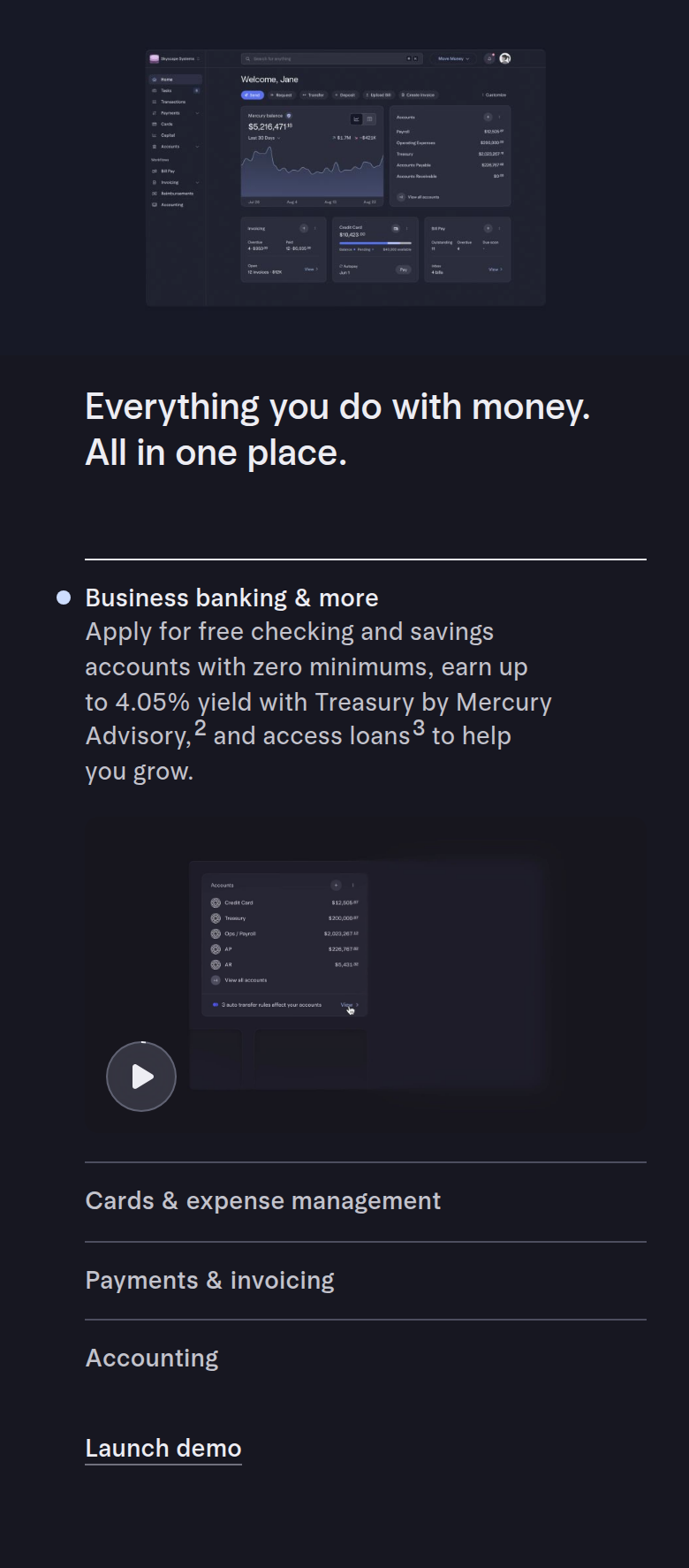 Everything You Do With Money, All in One Place section from Mercury, on a phone
