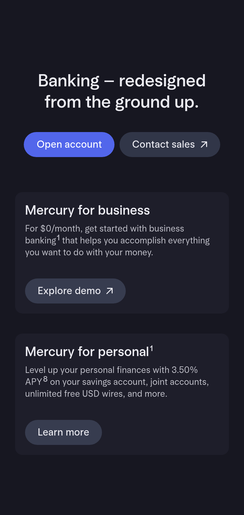 Banking, Redesigned From the Ground Up section from Mercury, on a phone