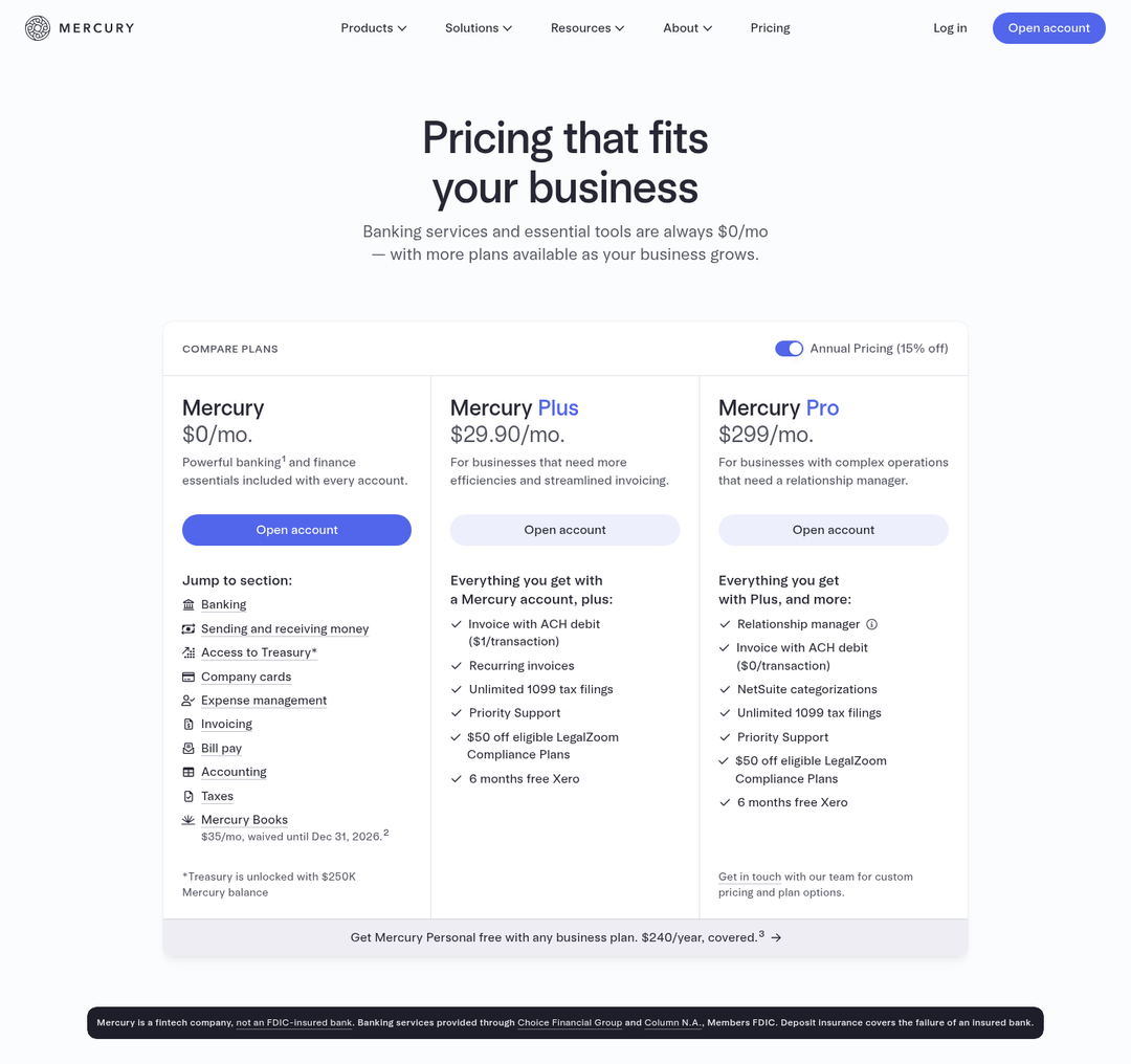 Pricing That Fits Your Business section from Mercury