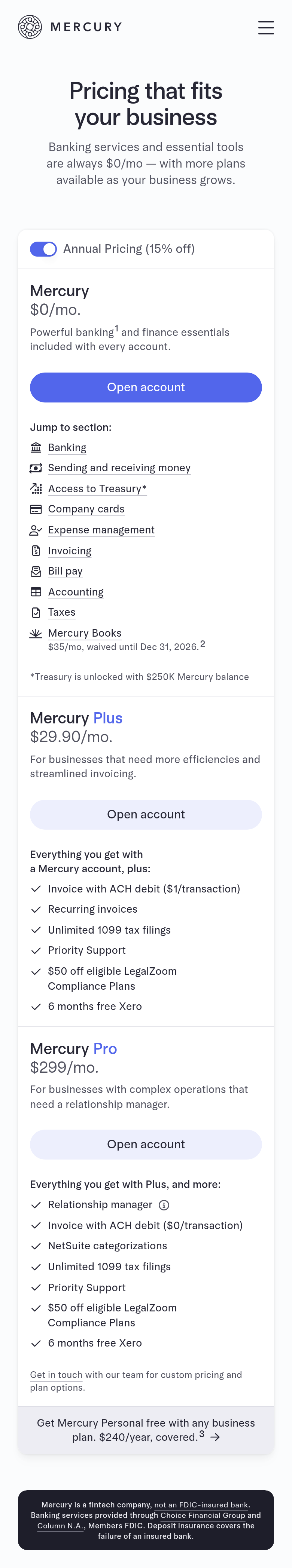 Pricing That Fits Your Business section from Mercury, on a phone