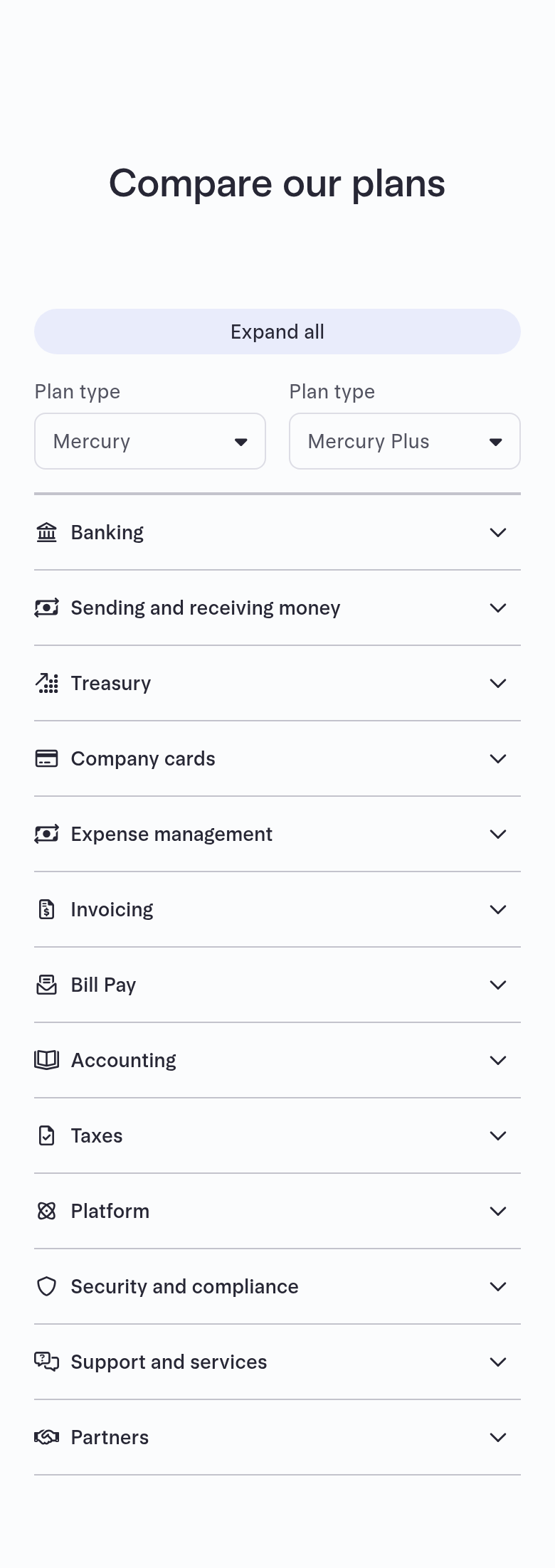 Compare Our Plans section from Mercury, on a phone