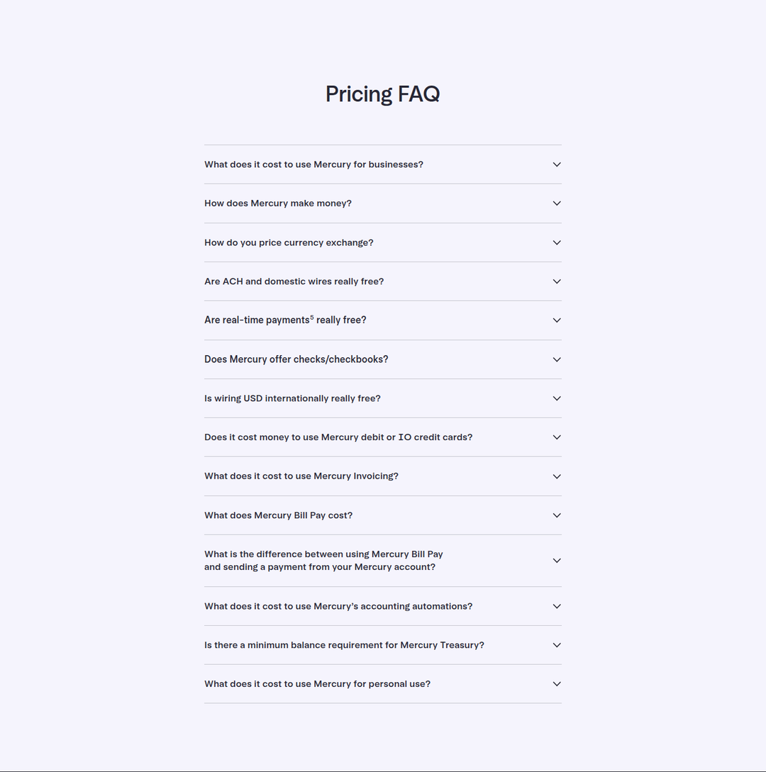 Pricing FAQ section from Mercury