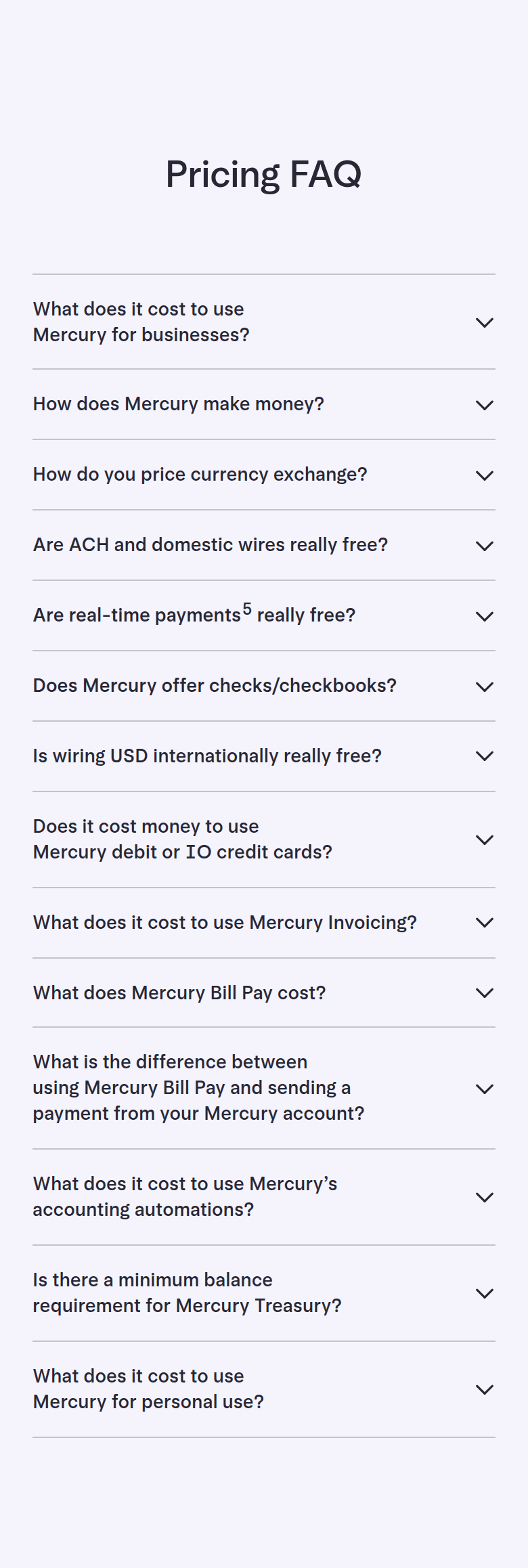 Pricing FAQ section from Mercury, on a phone