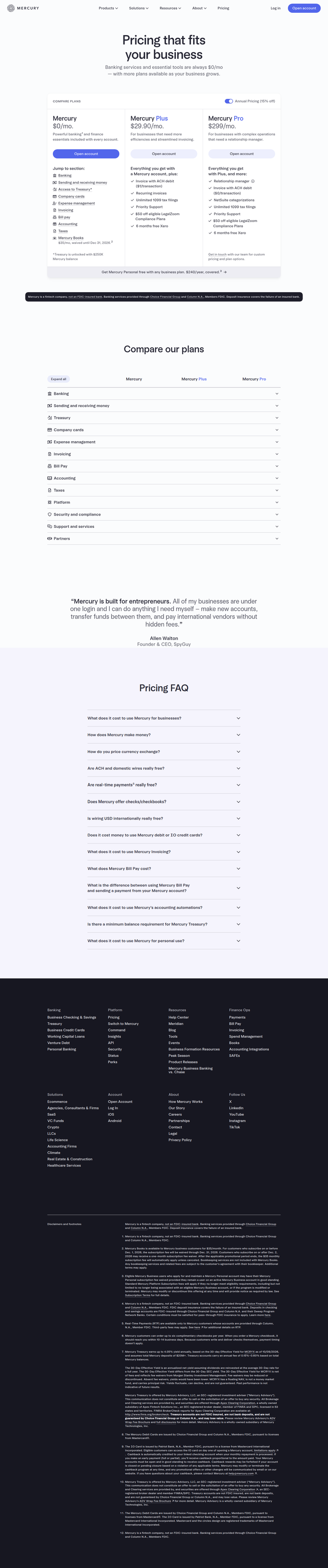 Pricing page from Mercury