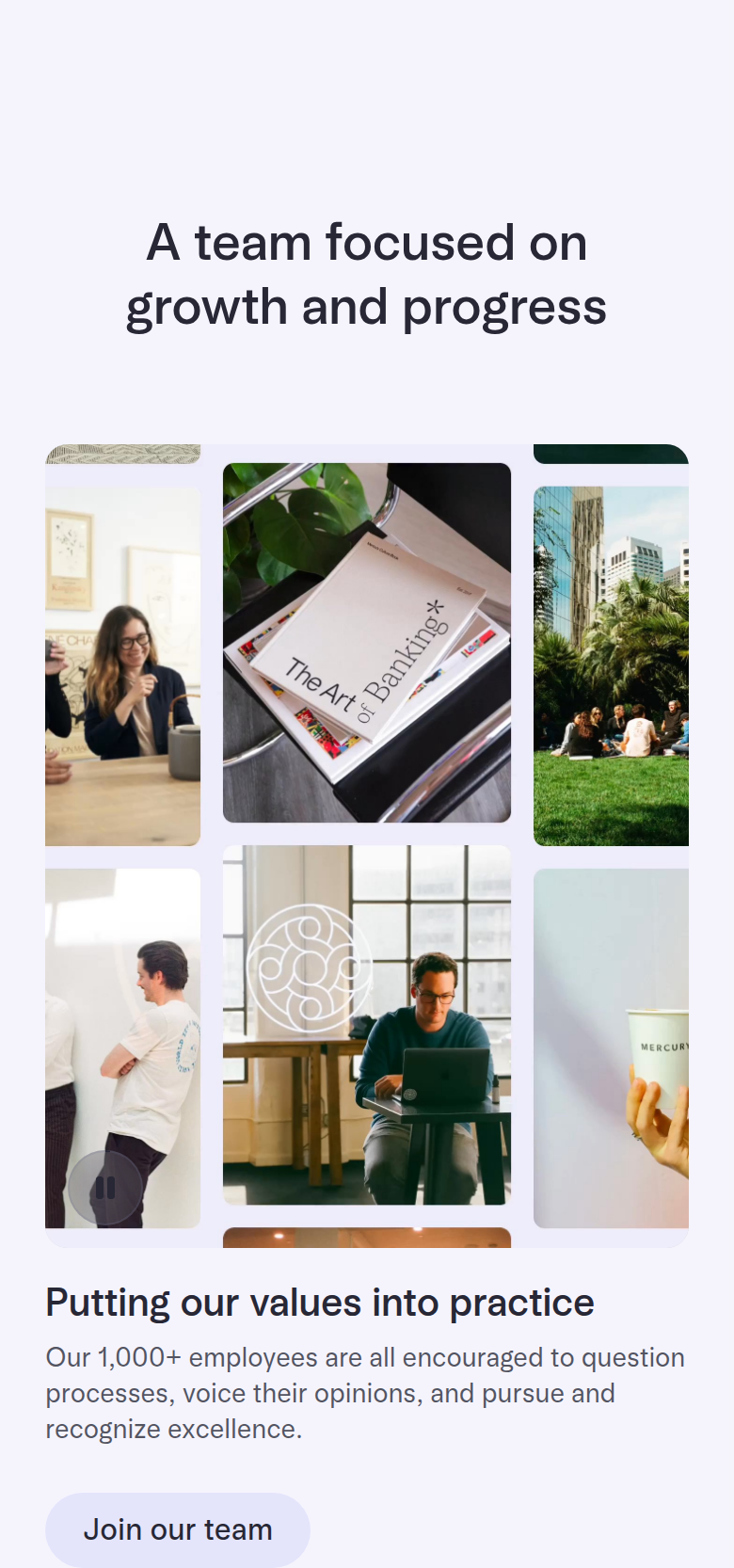 A Team Focused on Growth and Progress section from Mercury, on a phone