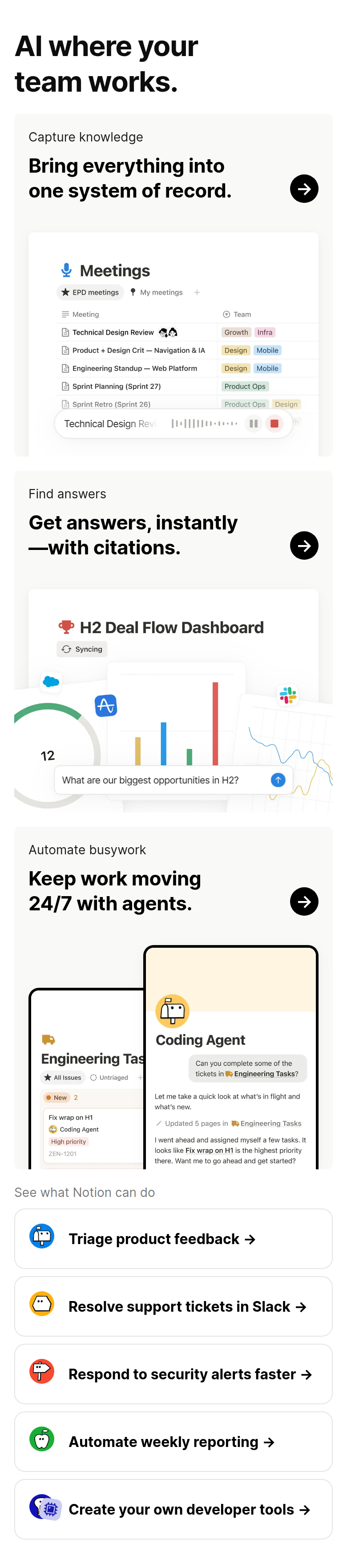 AI Where Your Team Works section from Notion, on a phone