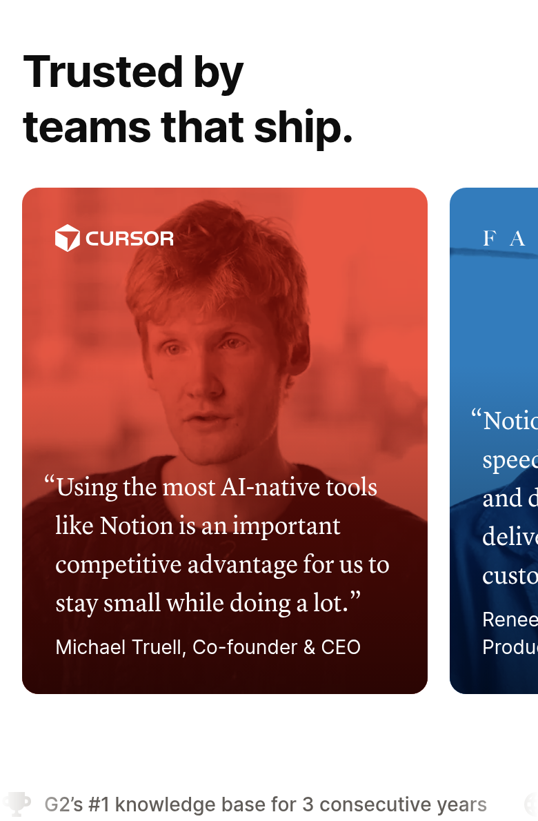 Trusted by Teams That Ship section from Notion, on a phone