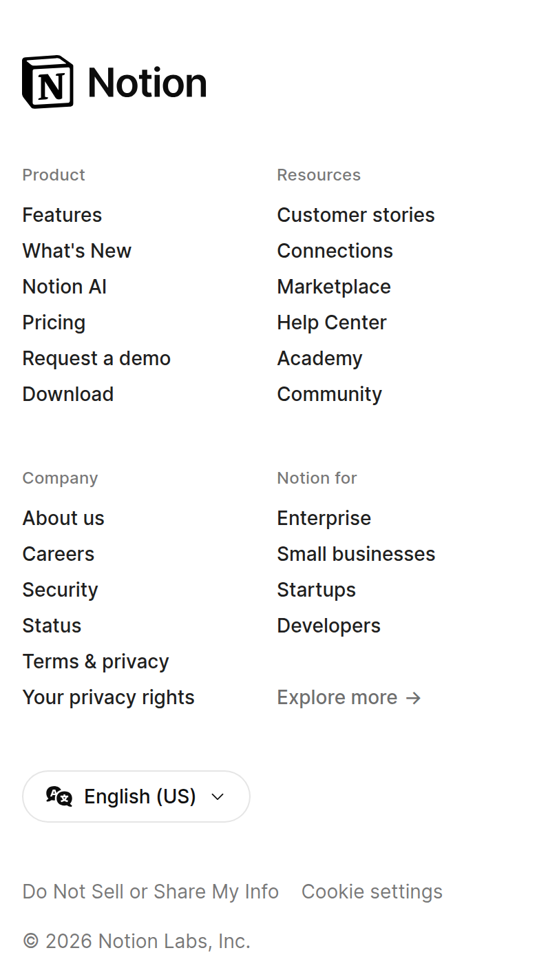 Footer section from Notion, on a phone