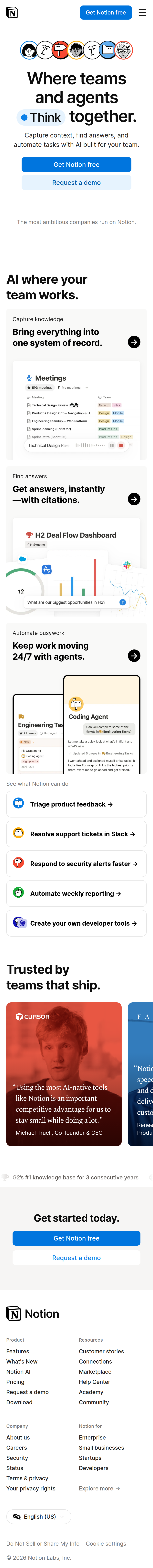 Home page of Notion, on a phone