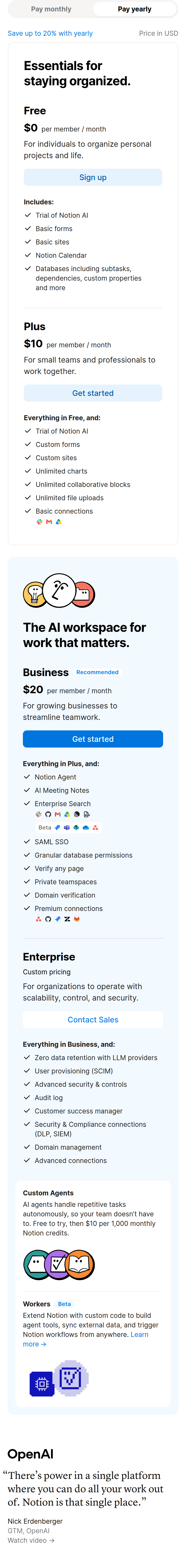 Pricing Plans section from Notion, on a phone