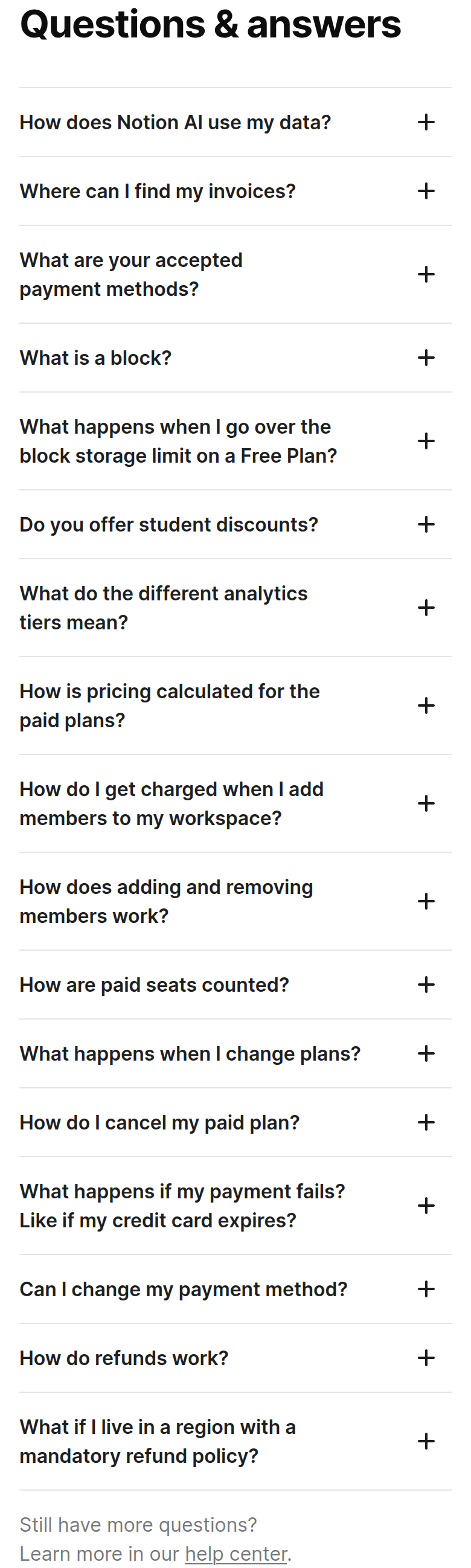 Questions & Answers section from Notion, on a phone