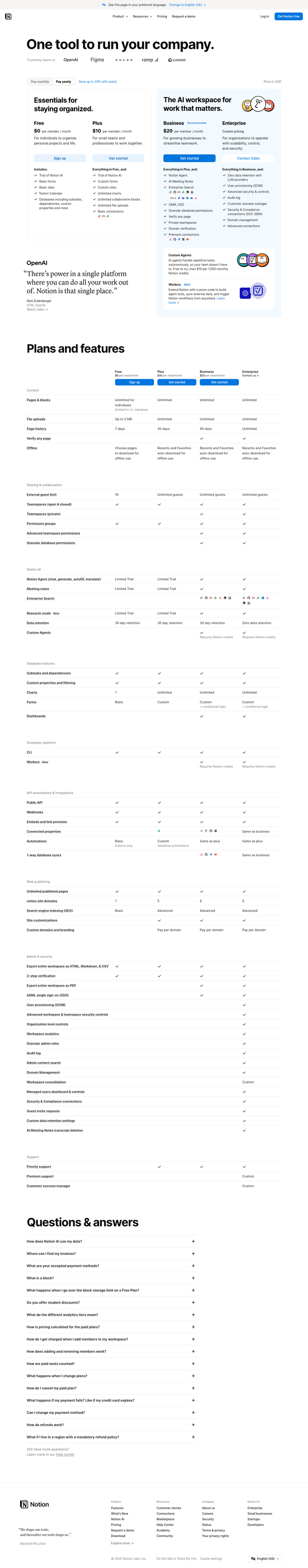 Pricing page from Notion