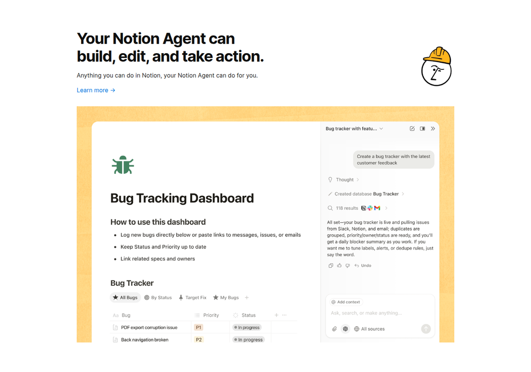 Your Notion Agent Can Build, Edit and Take Action section from Notion