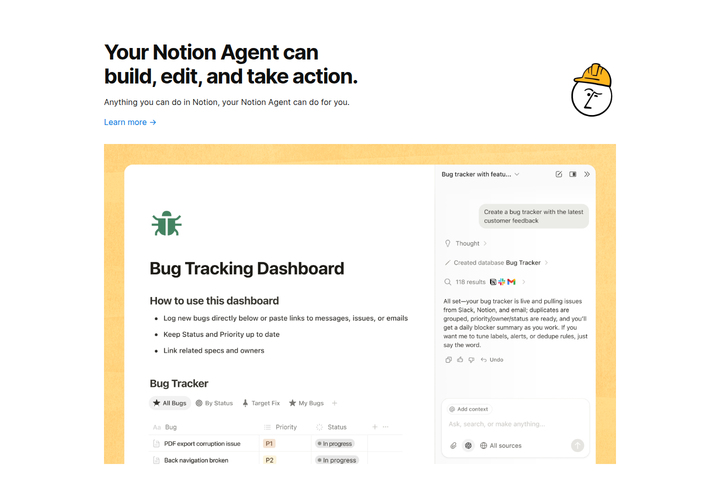 Your Notion Agent Can Build, Edit and Take Action section from Notion