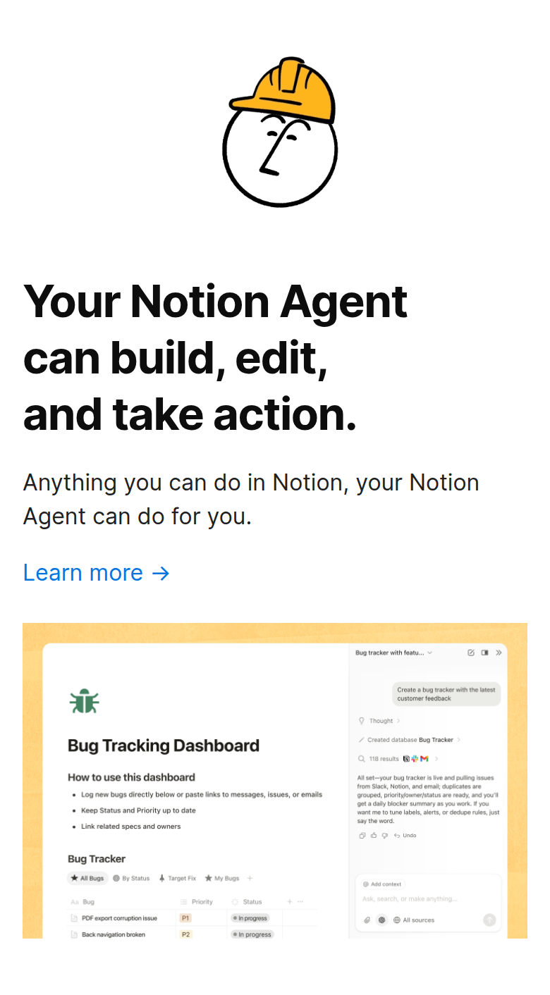 Your Notion Agent Can Build, Edit and Take Action section from Notion, on a phone