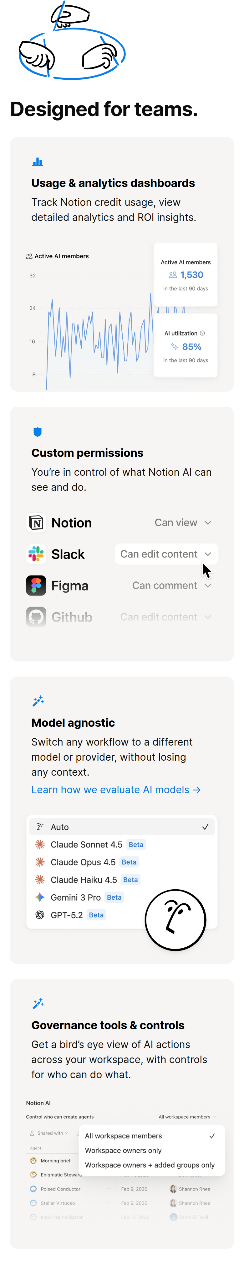 Designed for Teams section from Notion, on a phone
