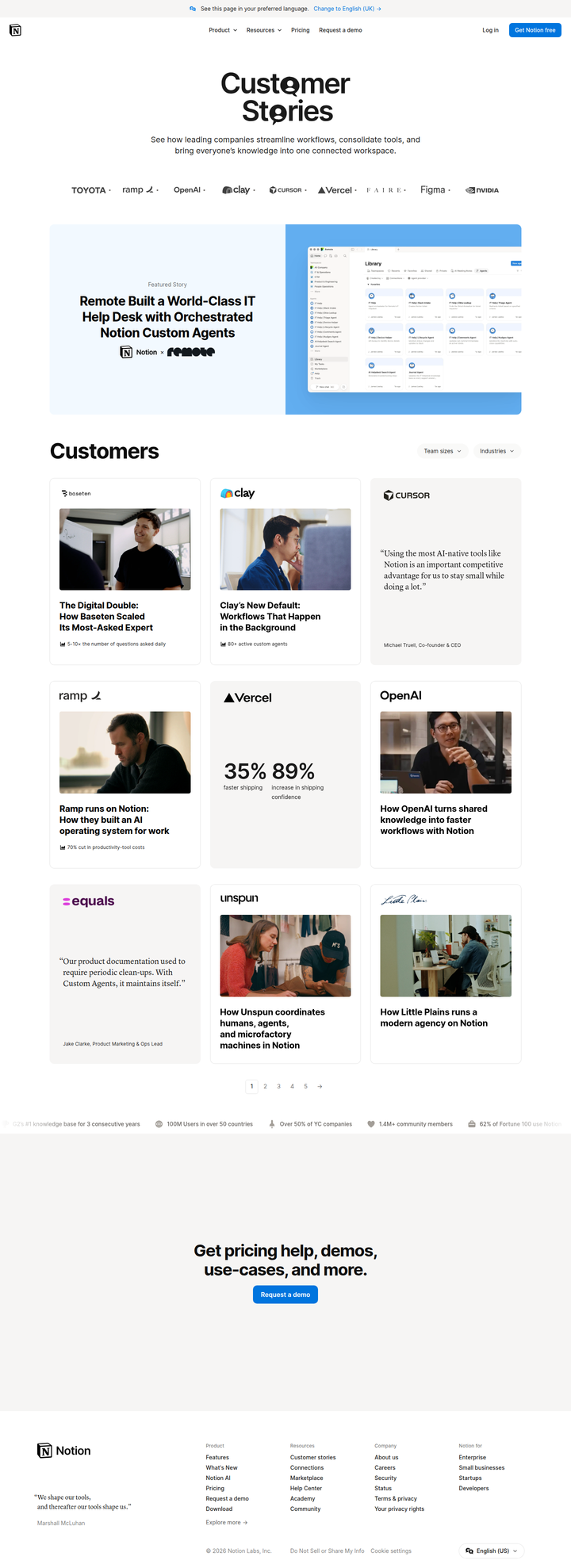 Customers page from Notion