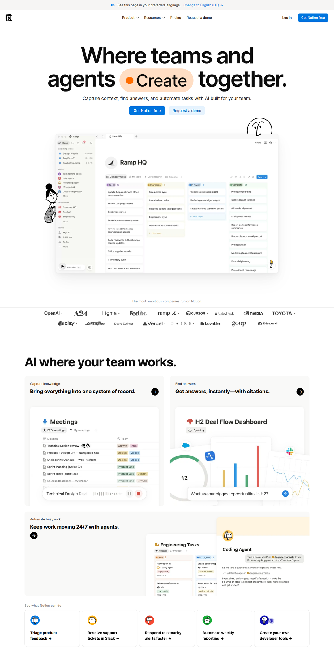 Home page of the Notion website