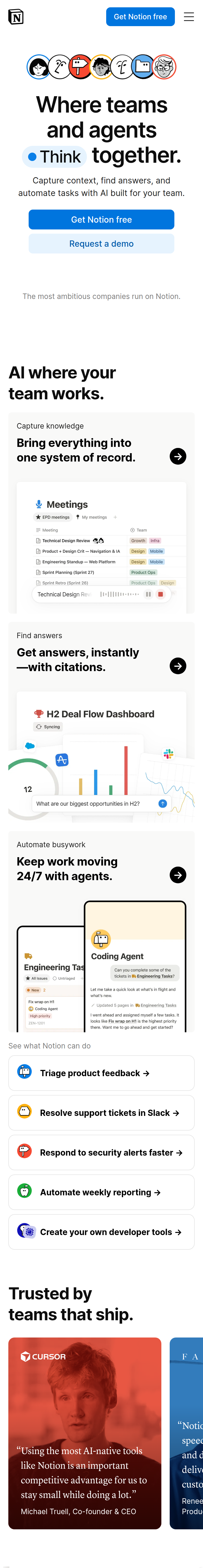Home page of the Notion website, on a phone