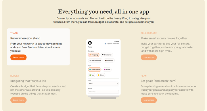 Everything You Need, All in One App section from Monarch