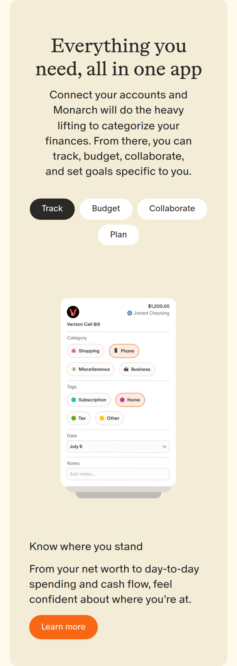 Everything You Need, All in One App section from Monarch, on a phone