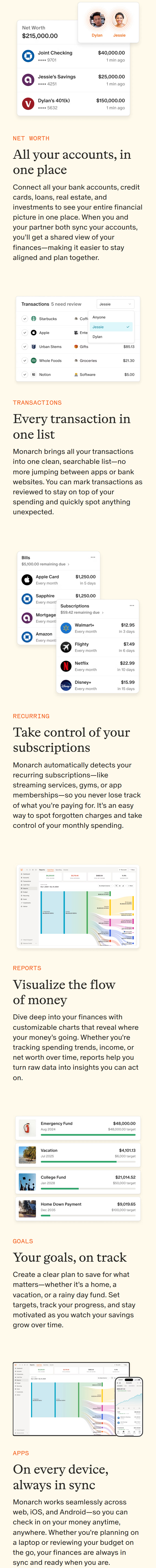 All Your Accounts, in One Place section from Monarch, on a phone