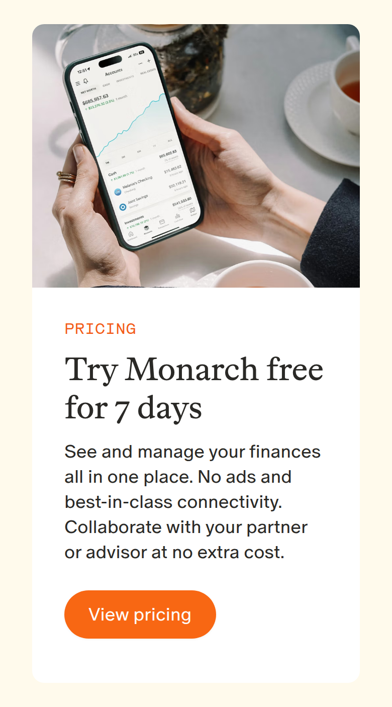 Try Monarch Free for 7 Days section from Monarch, on a phone