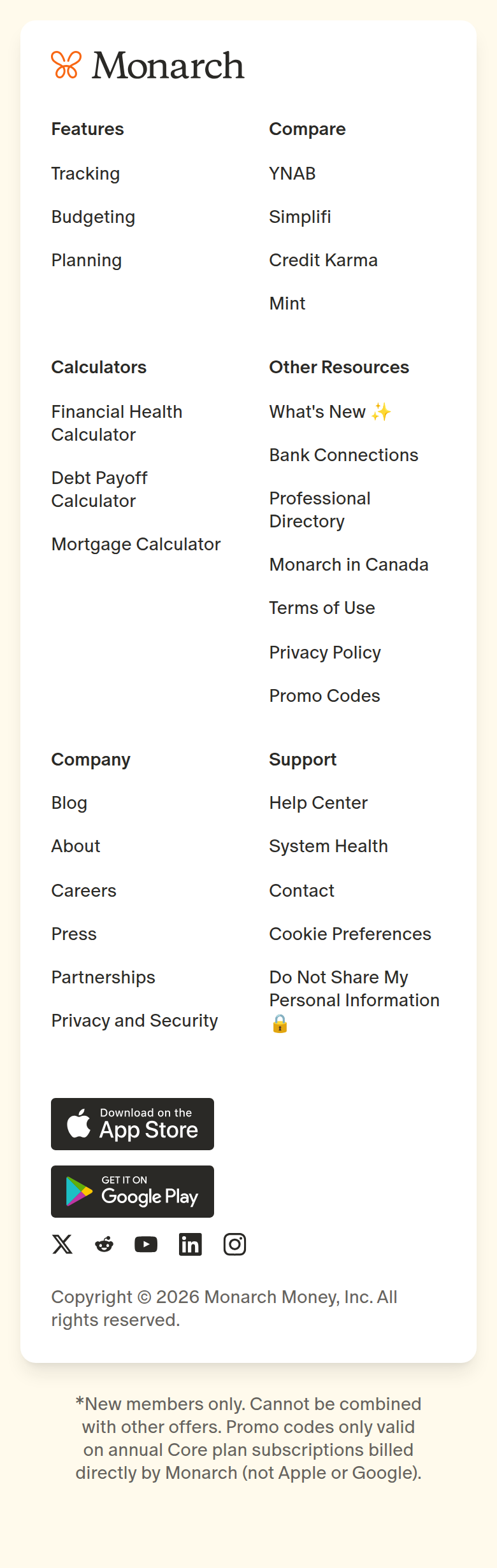 Footer section from Monarch, on a phone
