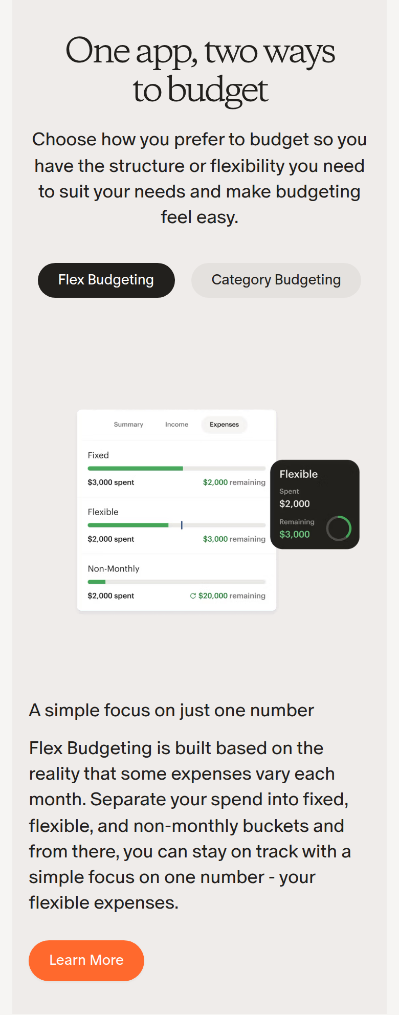 One App, Two Ways to Budget section from Monarch, on a phone