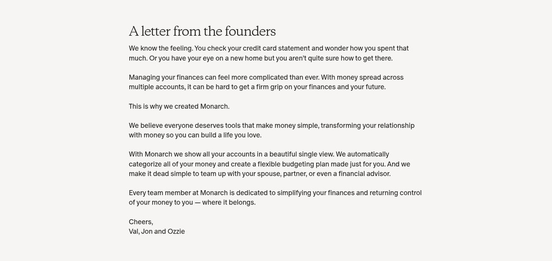 A Letter From the Founders section from Monarch