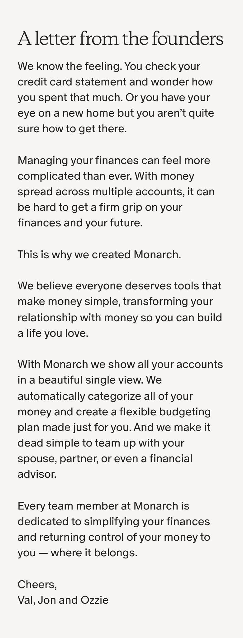 A Letter From the Founders section from Monarch, on a phone