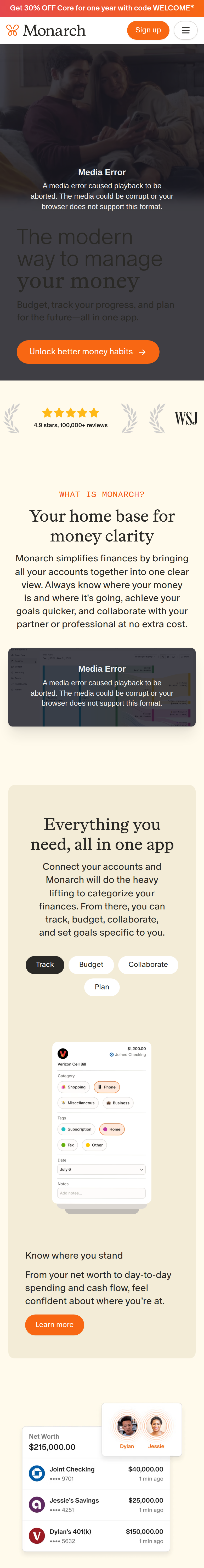 Home page of the Monarch website, on a phone