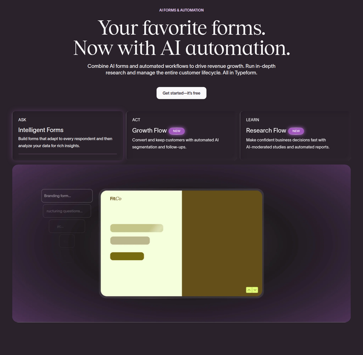 Your Favorite Forms, Now With AI Automation section from Typeform