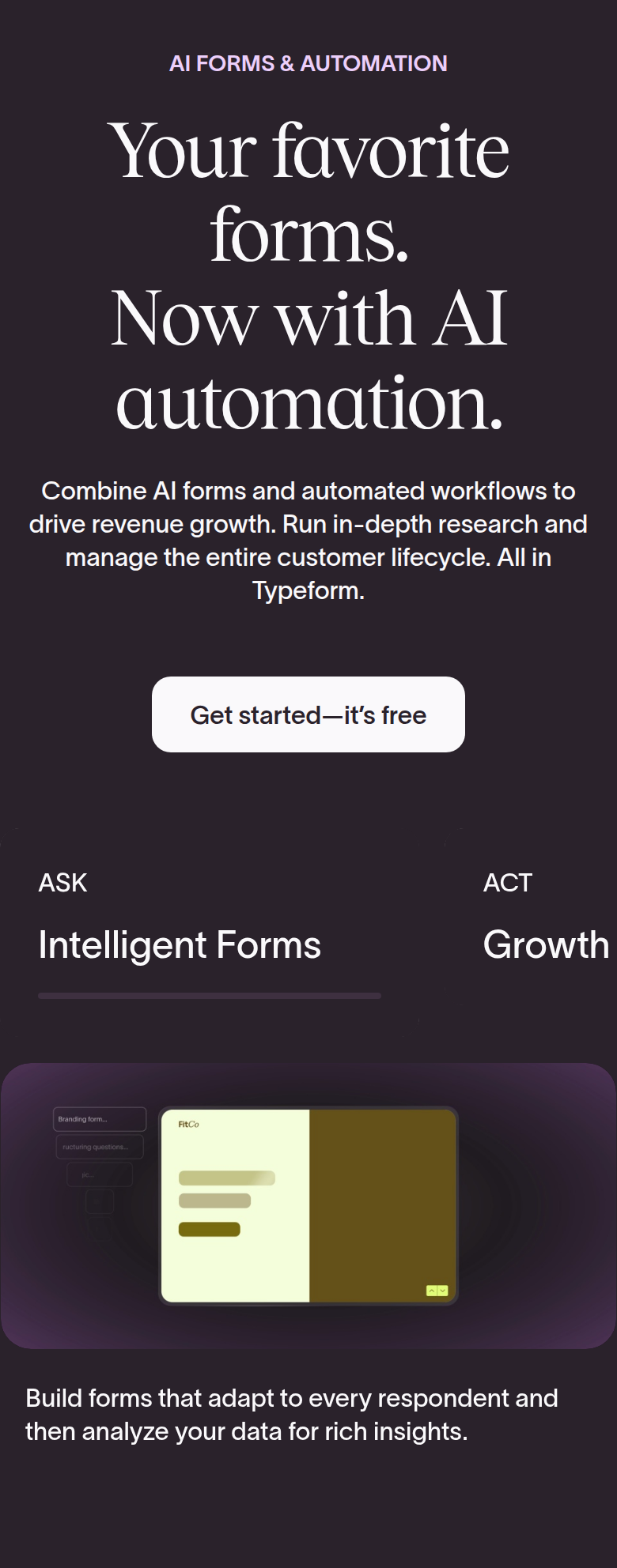 Your Favorite Forms, Now With AI Automation section from Typeform, on a phone